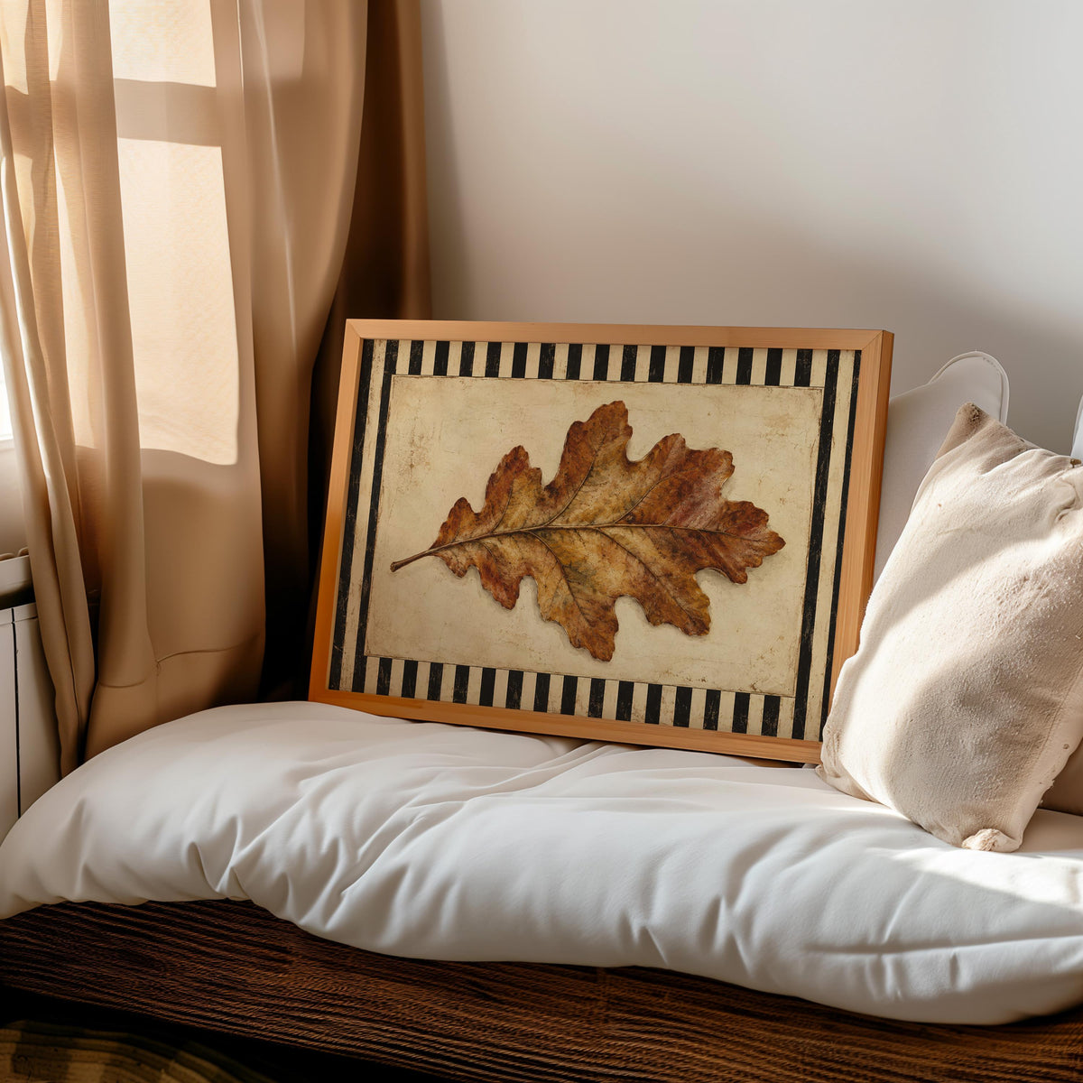 Autumn Oak Leaf Print, Rustic Retro Wall Art, Antique Botanical Poster, Black & White Striped Decor, Farmhouse Fall Gift