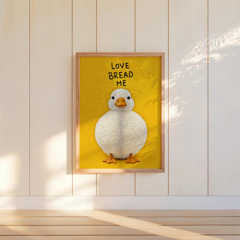 Love Bread Me Duck Wall Art, Funny Kitchen Quote Poster, Round Chubby Fluffy Duck Illustration, Farmhouse Bird Print
