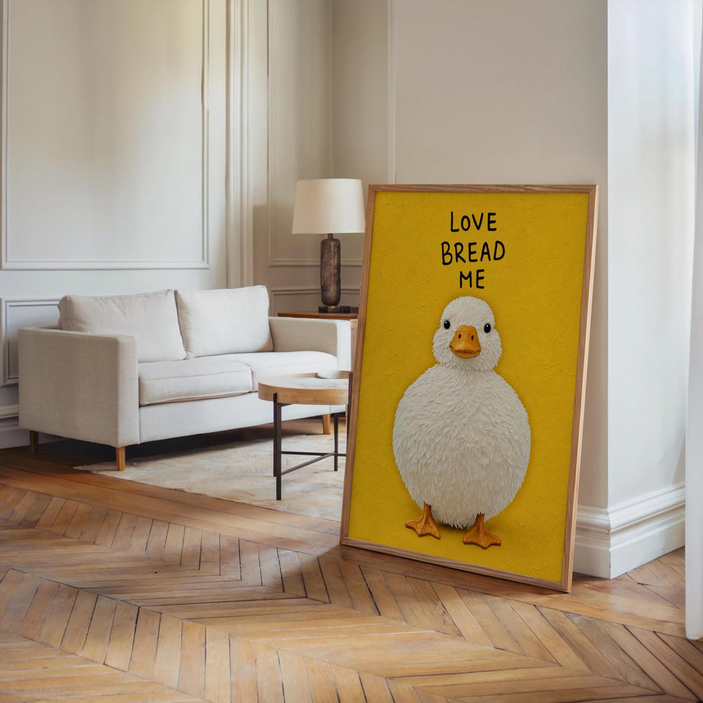 Love Bread Me Duck Wall Art, Funny Kitchen Quote Poster, Round Chubby Fluffy Duck Illustration, Farmhouse Bird Print