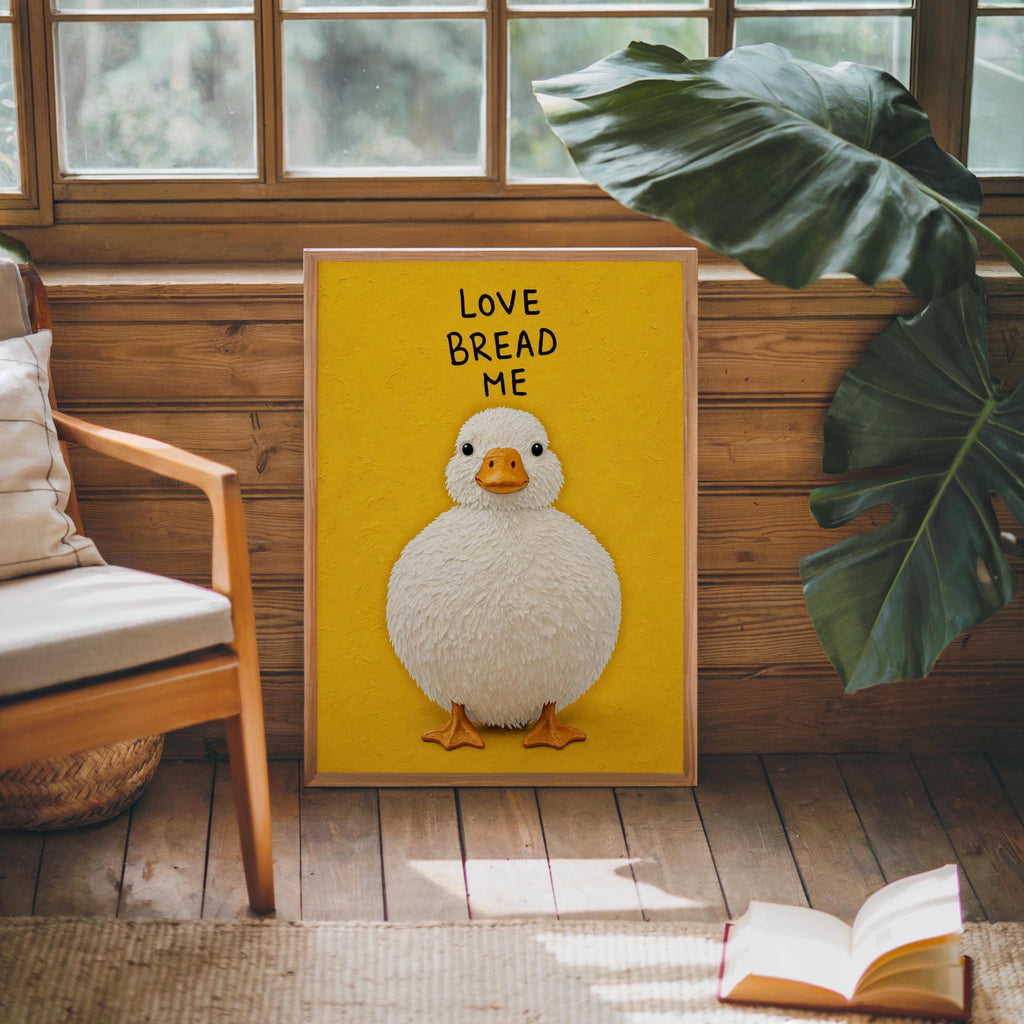 Love Bread Me Duck Wall Art, Funny Kitchen Quote Poster, Round Chubby Fluffy Duck Illustration, Farmhouse Bird Print