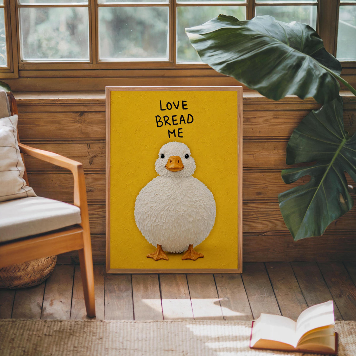 Love Bread Me Duck Wall Art, Funny Kitchen Quote Poster, Round Chubby Fluffy Duck Illustration, Farmhouse Bird Print