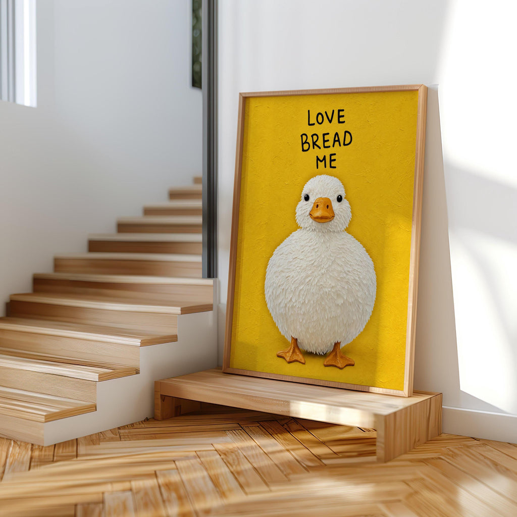 Love Bread Me Duck Wall Art, Funny Kitchen Quote Poster, Round Chubby Fluffy Duck Illustration, Farmhouse Bird Print