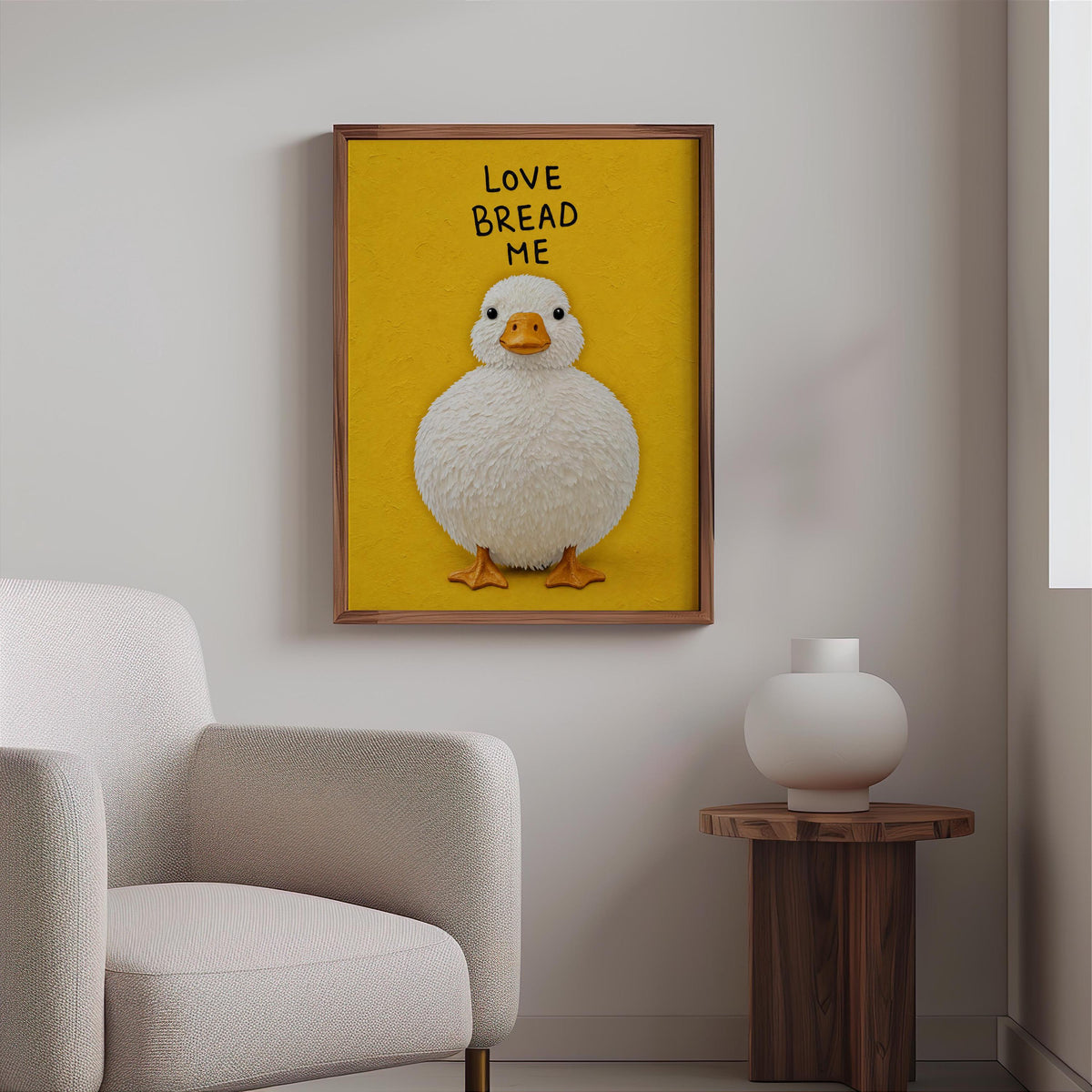 Love Bread Me Duck Wall Art, Funny Kitchen Quote Poster, Round Chubby Fluffy Duck Illustration, Farmhouse Bird Print