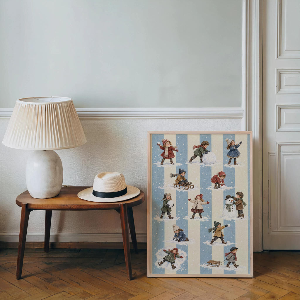 Vintage Winter Children Wall Art, Victorian Snow Day Print, Blue Stripe Nursery Christmas Decor, Retro Holiday Pattern Poster