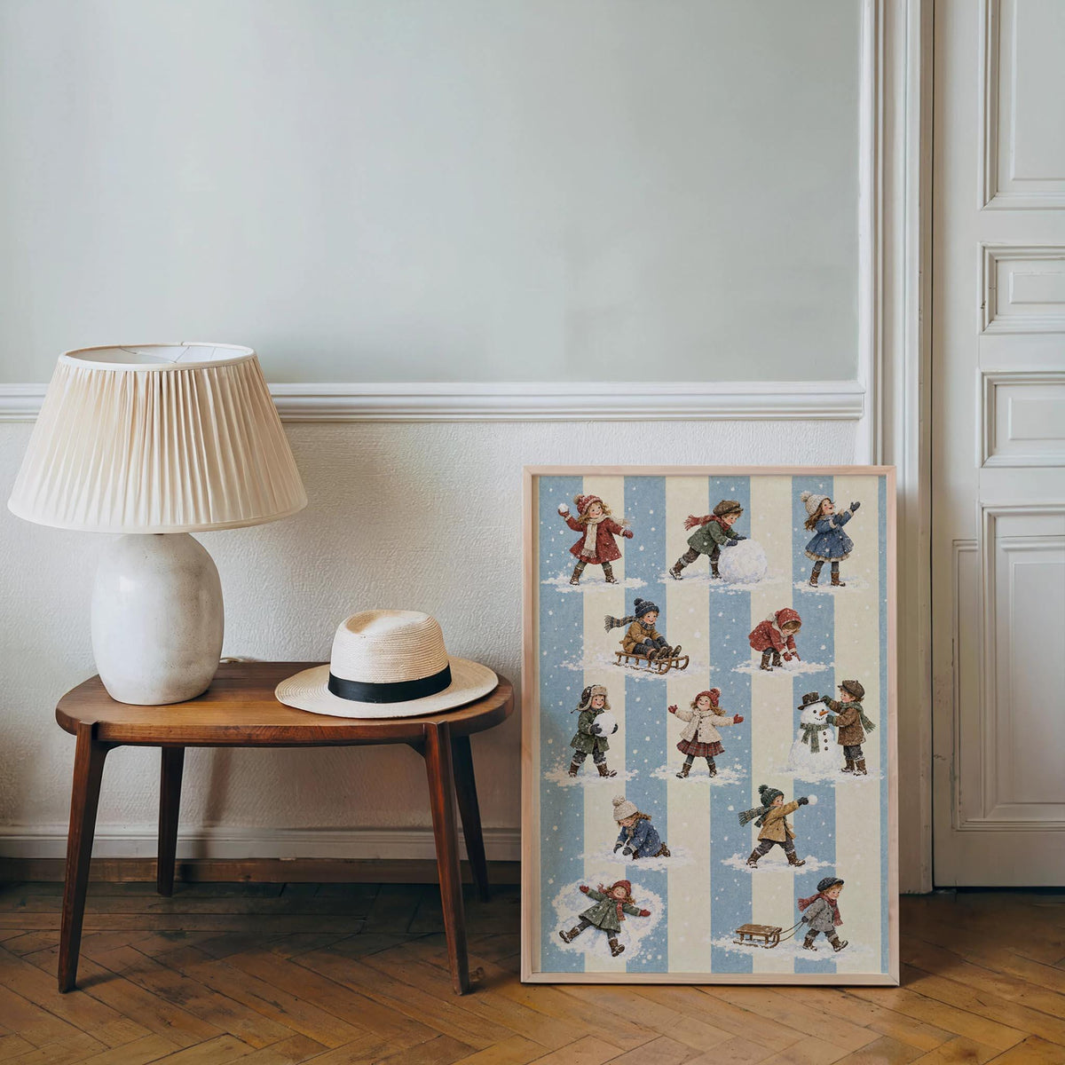 Vintage Winter Children Wall Art, Victorian Snow Day Print, Blue Stripe Nursery Christmas Decor, Retro Holiday Pattern Poster