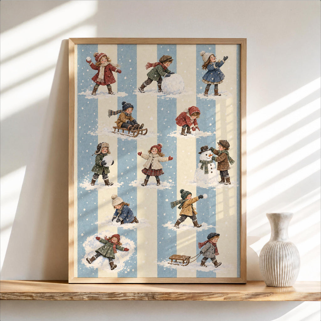 Vintage Winter Children Wall Art, Victorian Snow Day Print, Blue Stripe Nursery Christmas Decor, Retro Holiday Pattern Poster