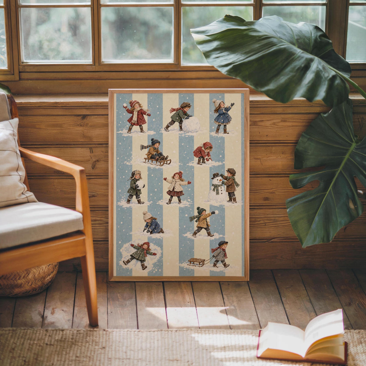Vintage Winter Children Wall Art, Victorian Snow Day Print, Blue Stripe Nursery Christmas Decor, Retro Holiday Pattern Poster