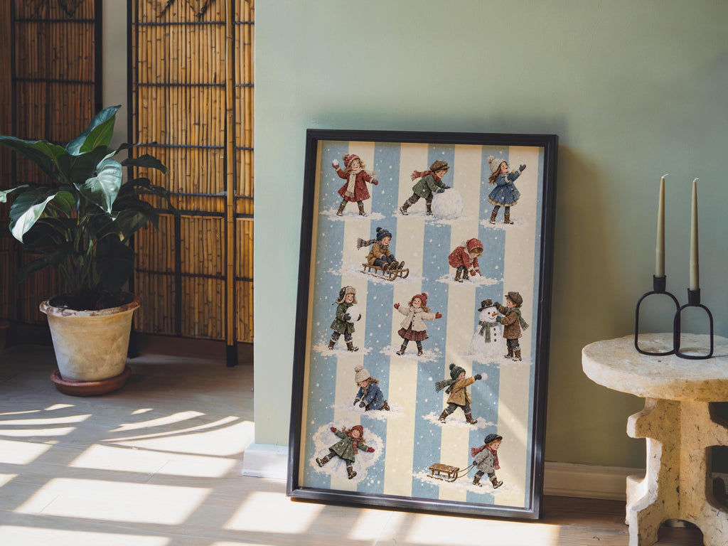 Vintage Winter Children Wall Art, Victorian Snow Day Print, Blue Stripe Nursery Christmas Decor, Retro Holiday Pattern Poster