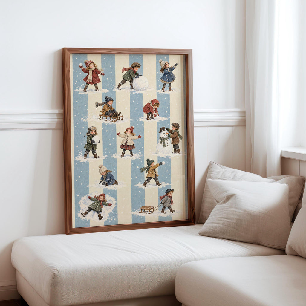Vintage Winter Children Wall Art, Victorian Snow Day Print, Blue Stripe Nursery Christmas Decor, Retro Holiday Pattern Poster