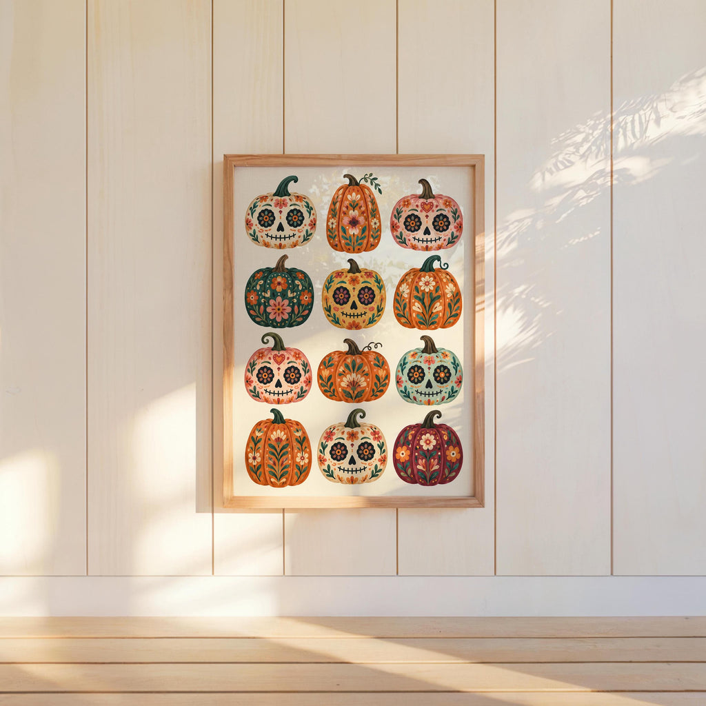 Mexican Pumpkin Wall Art, Dia de los Muertos Folk Print, Whimsical Calavera Colorful Halloween Autumn Decor, Mexico Sugar Skull Poster