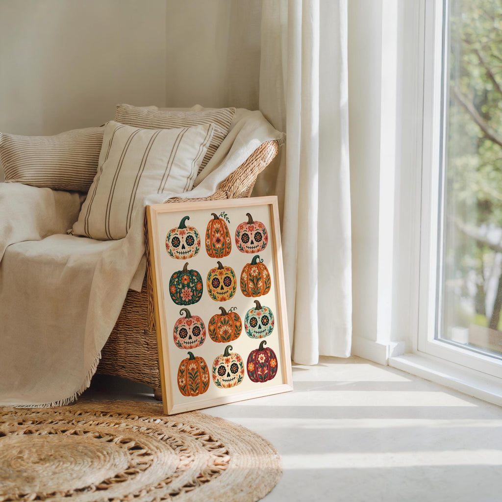 Mexican Pumpkin Wall Art, Dia de los Muertos Folk Print, Whimsical Calavera Colorful Halloween Autumn Decor, Mexico Sugar Skull Poster
