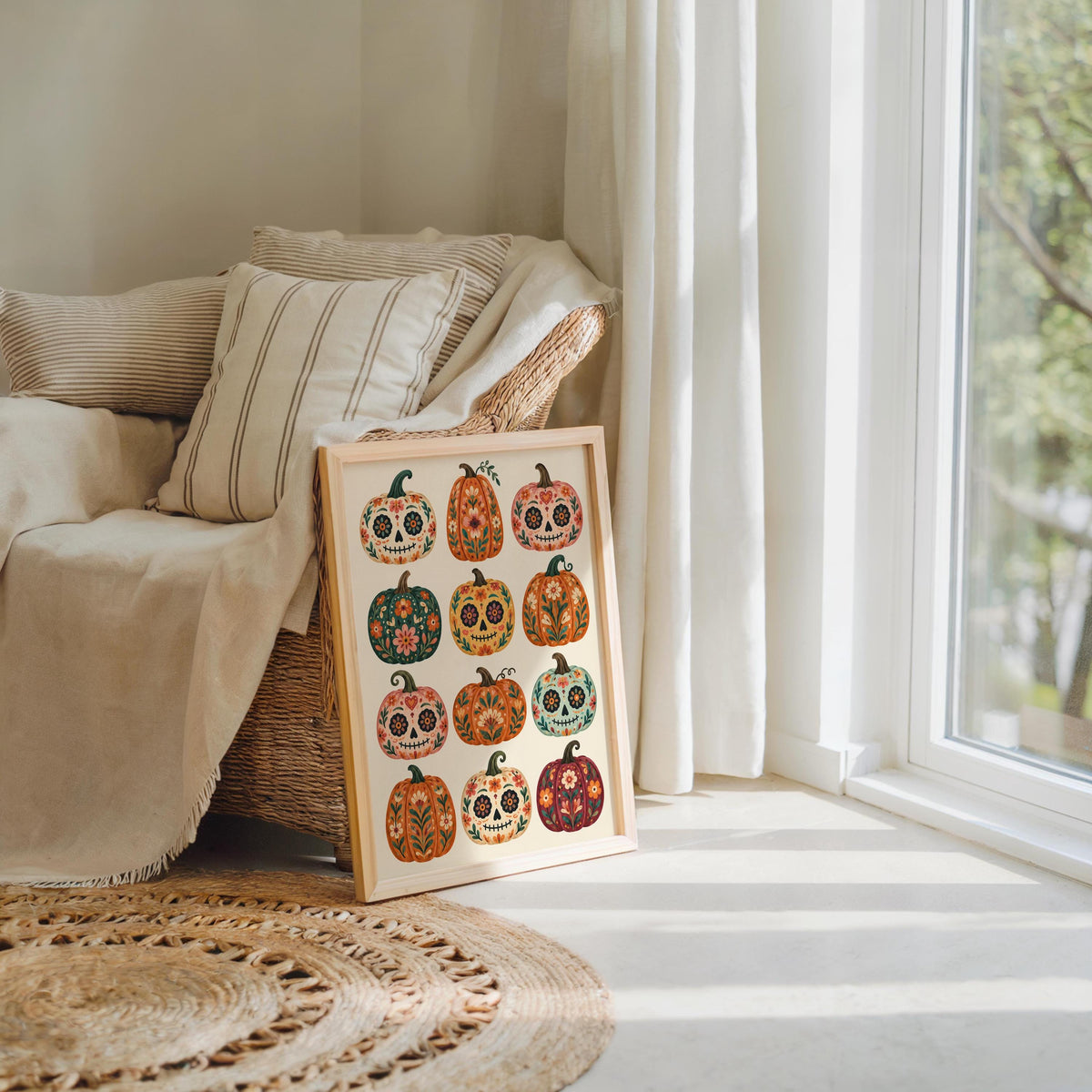 Mexican Pumpkin Wall Art, Dia de los Muertos Folk Print, Whimsical Calavera Colorful Halloween Autumn Decor, Mexico Sugar Skull Poster