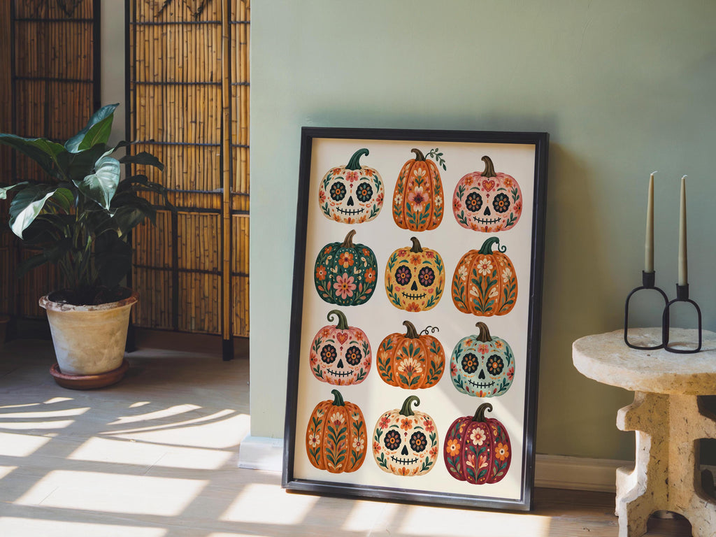 Mexican Pumpkin Wall Art, Dia de los Muertos Folk Print, Whimsical Calavera Colorful Halloween Autumn Decor, Mexico Sugar Skull Poster