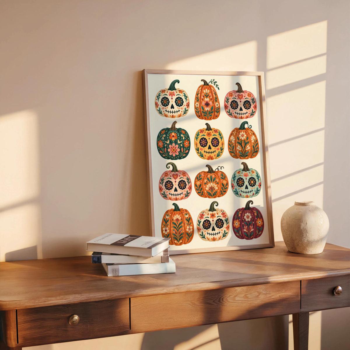 Mexican Pumpkin Wall Art, Dia de los Muertos Folk Print, Whimsical Calavera Colorful Halloween Autumn Decor, Mexico Sugar Skull Poster