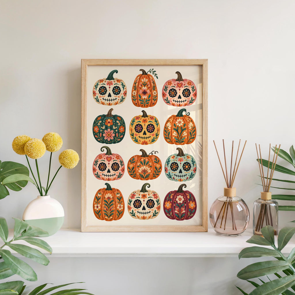 Mexican Pumpkin Wall Art, Dia de los Muertos Folk Print, Whimsical Calavera Colorful Halloween Autumn Decor, Mexico Sugar Skull Poster