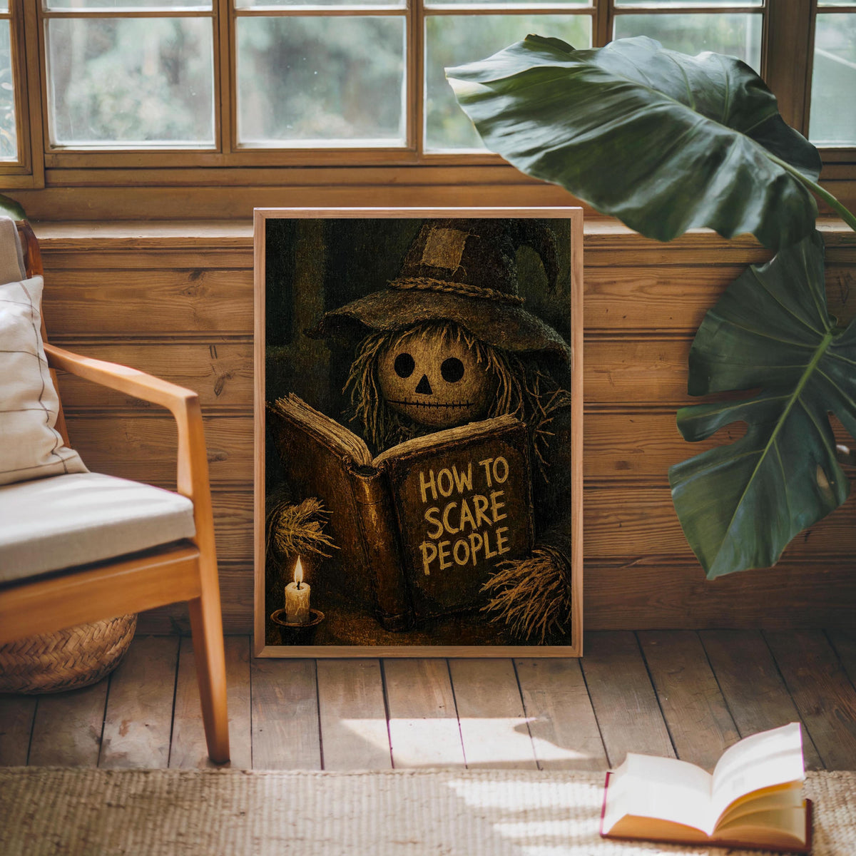 Scarecrow Reading Book Wall Art, Dark Academia Halloween Print, Moody Vintage Gothic Autumn Decor, Funny Spooky Season Poster