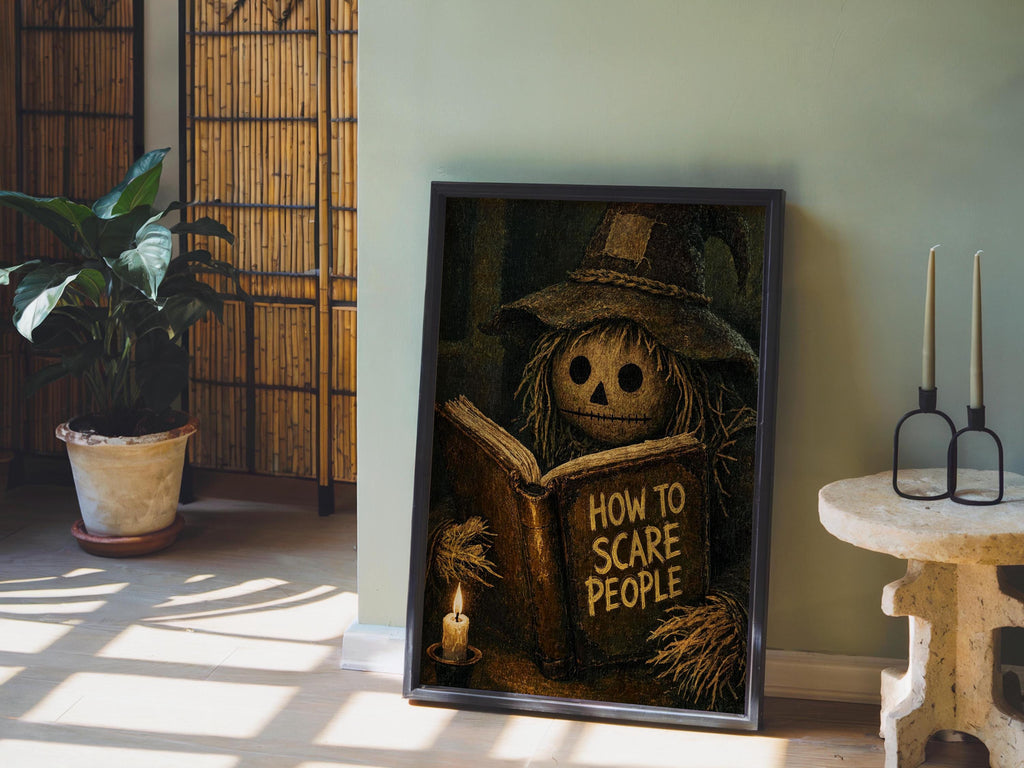 Scarecrow Reading Book Wall Art, Dark Academia Halloween Print, Moody Vintage Gothic Autumn Decor, Funny Spooky Season Poster