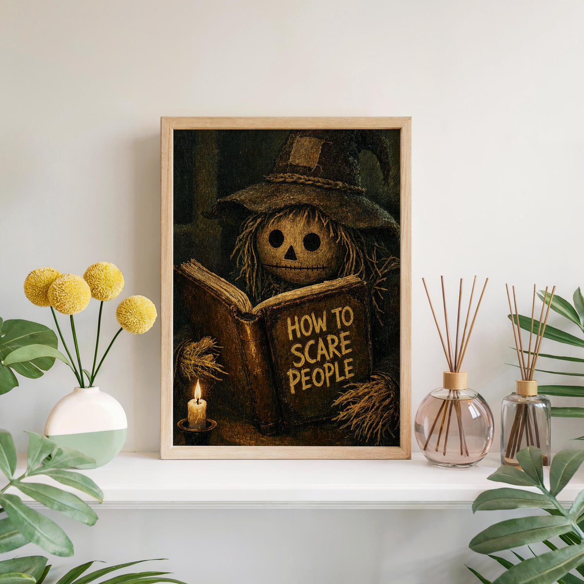 Scarecrow Reading Book Wall Art, Dark Academia Halloween Print, Moody Vintage Gothic Autumn Decor, Funny Spooky Season Poster
