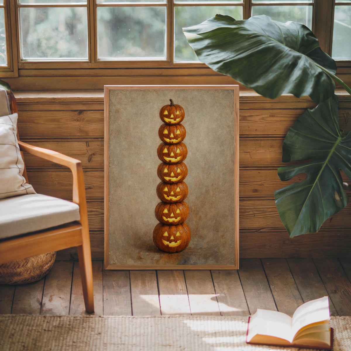 Jack O Lantern Pumpkin Totem Wall Art, Vintage Halloween Print, Funny Dark Academia Gift, Witchy Goth Decor, Still Life Painting