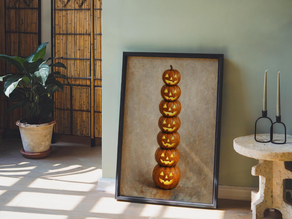 Jack O Lantern Pumpkin Totem Wall Art, Vintage Halloween Print, Funny Dark Academia Gift, Witchy Goth Decor, Still Life Painting