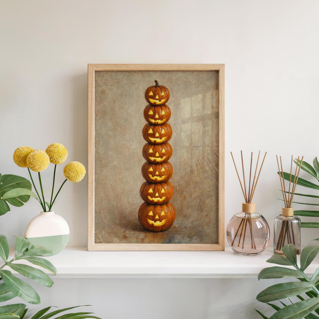 Jack O Lantern Pumpkin Totem Wall Art, Vintage Halloween Print, Funny Dark Academia Gift, Witchy Goth Decor, Still Life Painting