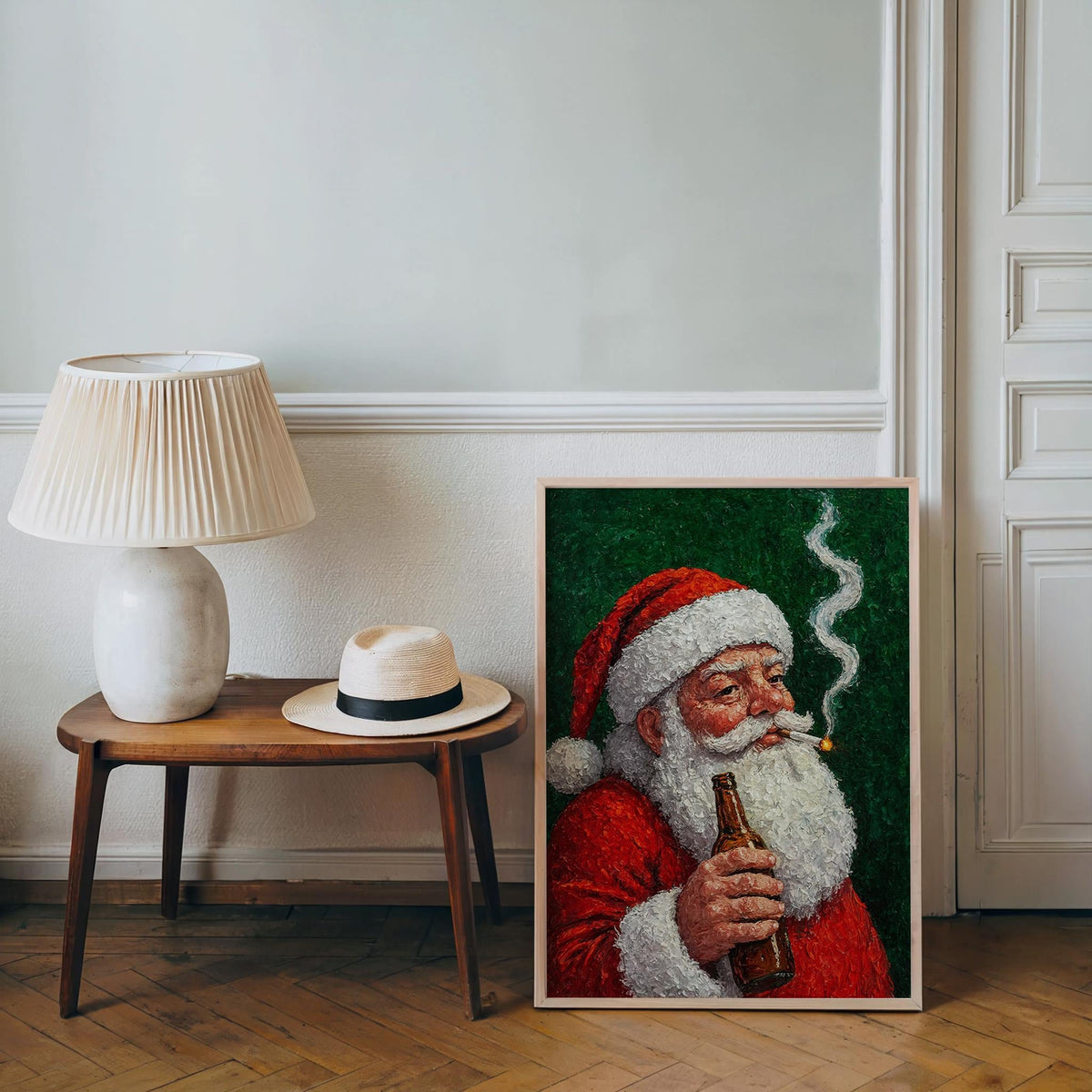 Smoking Santa Claus Wall Art, Funny Christmas Print, Whimsical Bar Cart Decor, Vintage Cigarette & Beer Poster, Holiday Season Humor Gift