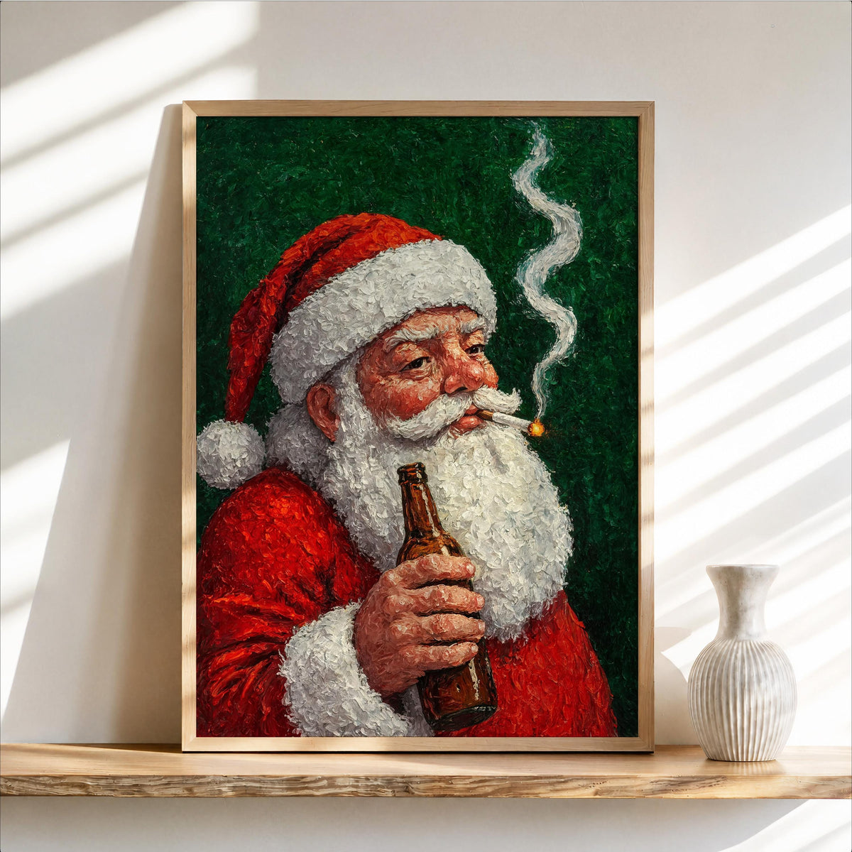 Smoking Santa Claus Wall Art, Funny Christmas Print, Whimsical Bar Cart Decor, Vintage Cigarette & Beer Poster, Holiday Season Humor Gift