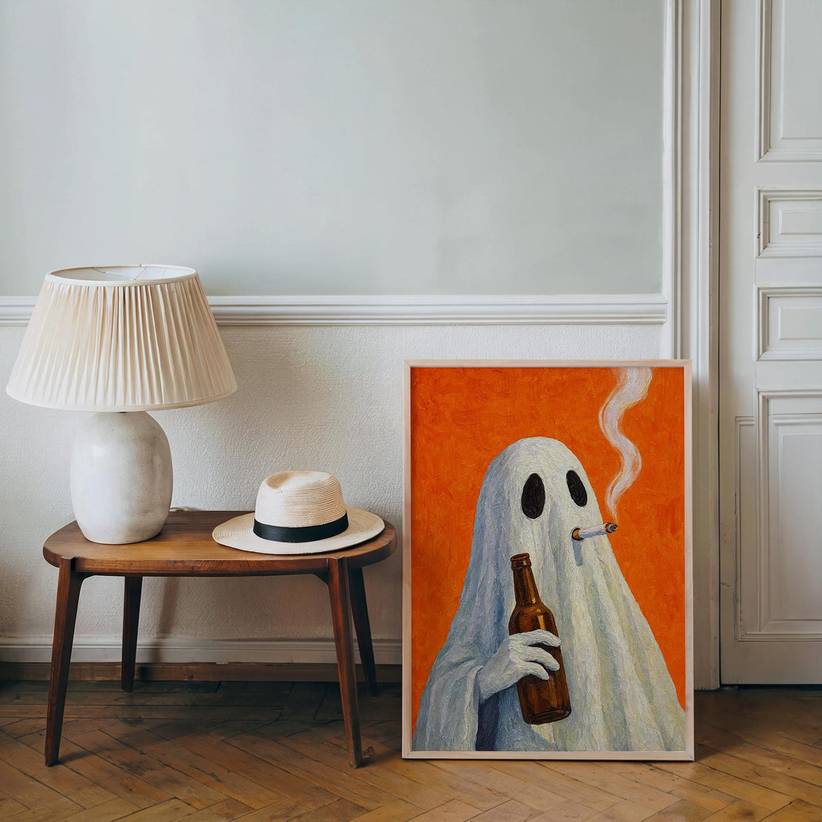 Smoking Ghost Wall Art, Funny Halloween Ghost Drinking Beer Print, Whimsical Bar Cart Decor, Quirky Spooky Season Gift, Autumn Poster