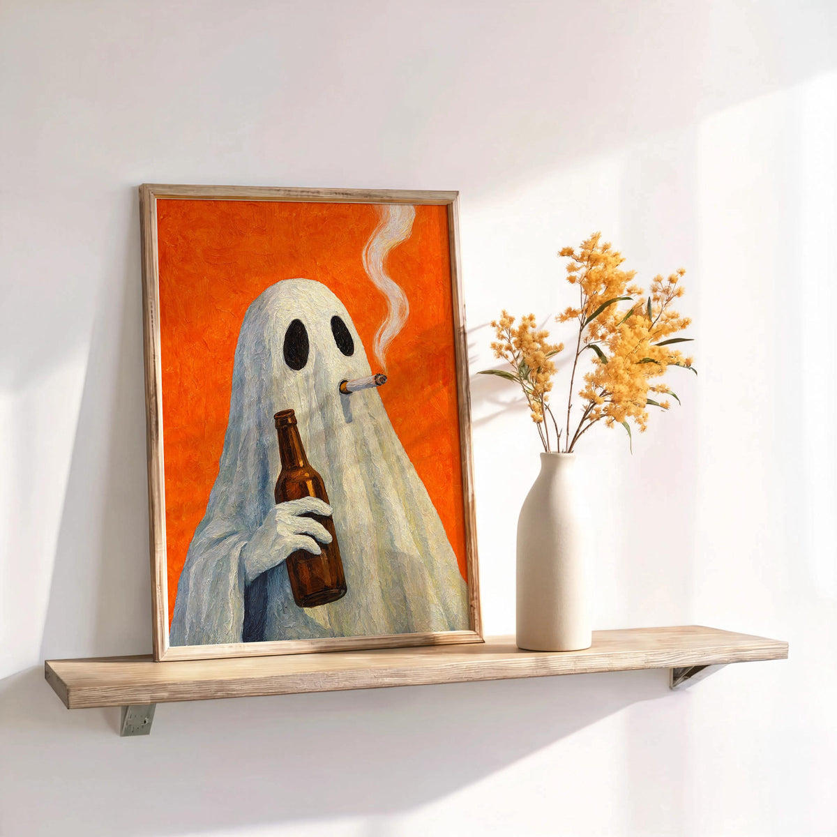 Smoking Ghost Wall Art, Funny Halloween Ghost Drinking Beer Print, Whimsical Bar Cart Decor, Quirky Spooky Season Gift, Autumn Poster