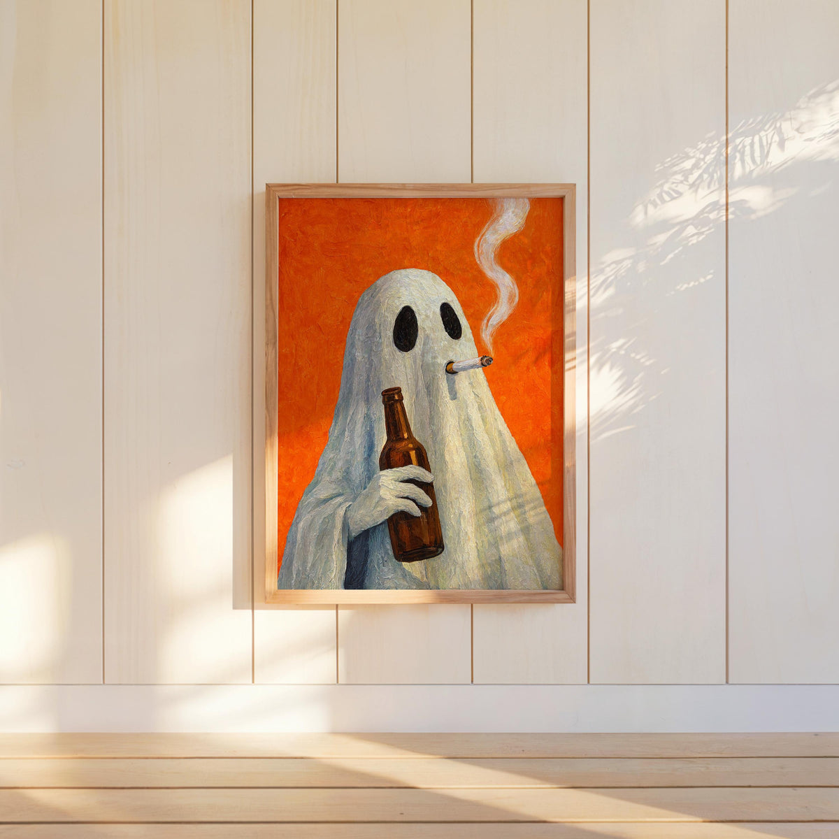 Smoking Ghost Wall Art, Funny Halloween Ghost Drinking Beer Print, Whimsical Bar Cart Decor, Quirky Spooky Season Gift, Autumn Poster