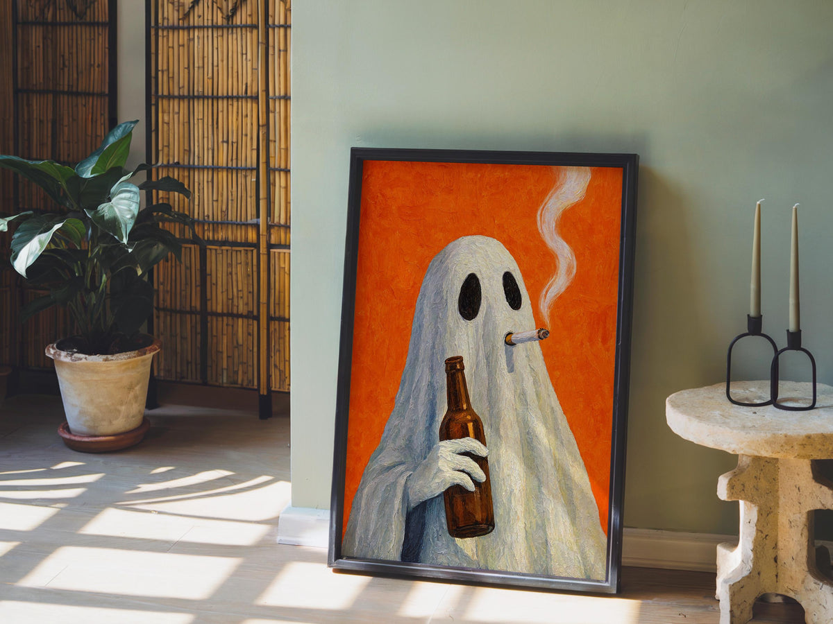 Smoking Ghost Wall Art, Funny Halloween Ghost Drinking Beer Print, Whimsical Bar Cart Decor, Quirky Spooky Season Gift, Autumn Poster