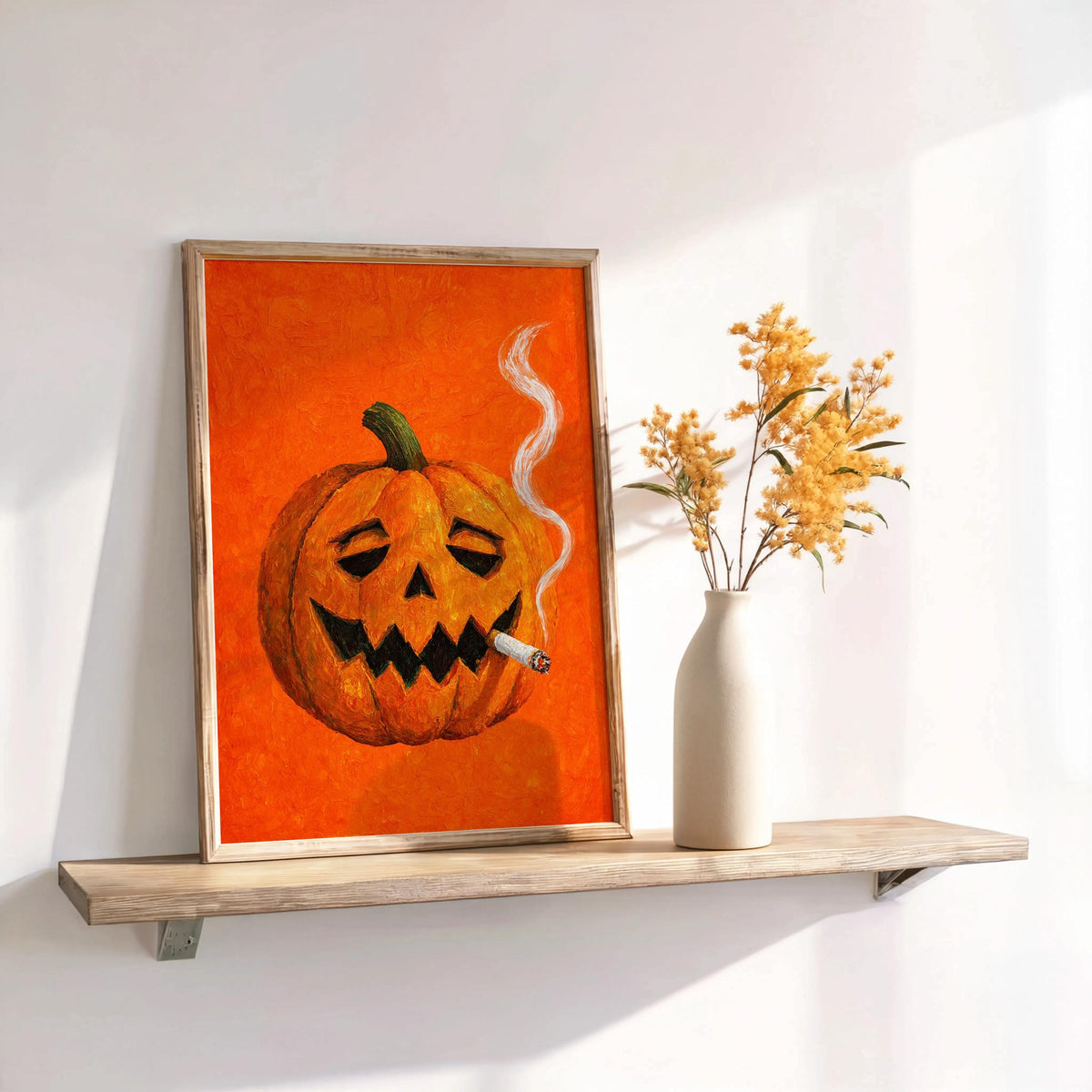Smoking Jack O Lantern Wall Art, Funny Halloween Pumpkin with Cigarette Print, Whimsical Bar Cart Decor, Quirky Spooky Season Decor