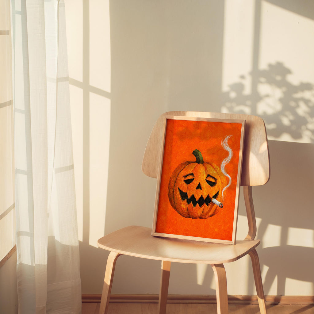 Smoking Jack O Lantern Wall Art, Funny Halloween Pumpkin with Cigarette Print, Whimsical Bar Cart Decor, Quirky Spooky Season Decor