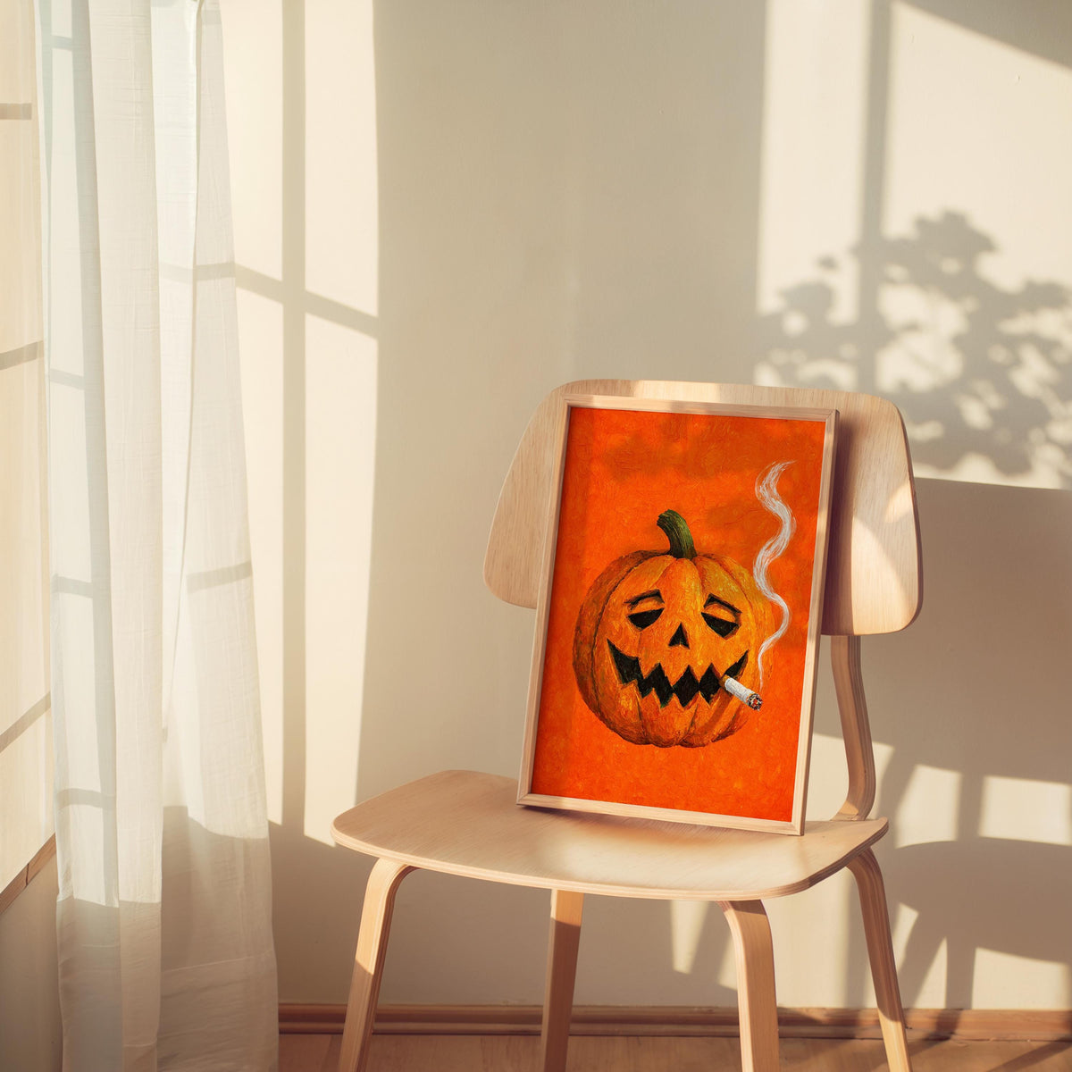Smoking Jack O Lantern Wall Art, Funny Halloween Pumpkin with Cigarette Print, Whimsical Bar Cart Decor, Quirky Spooky Season Decor