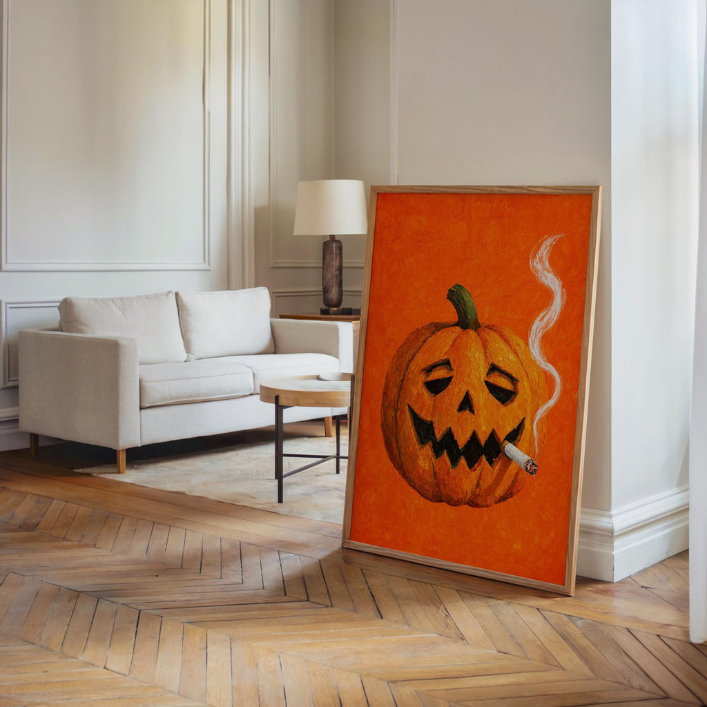 Smoking Jack O Lantern Wall Art, Funny Halloween Pumpkin with Cigarette Print, Whimsical Bar Cart Decor, Quirky Spooky Season Decor