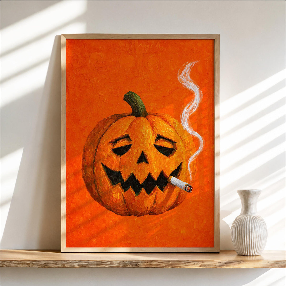 Smoking Jack O Lantern Wall Art, Funny Halloween Pumpkin with Cigarette Print, Whimsical Bar Cart Decor, Quirky Spooky Season Decor