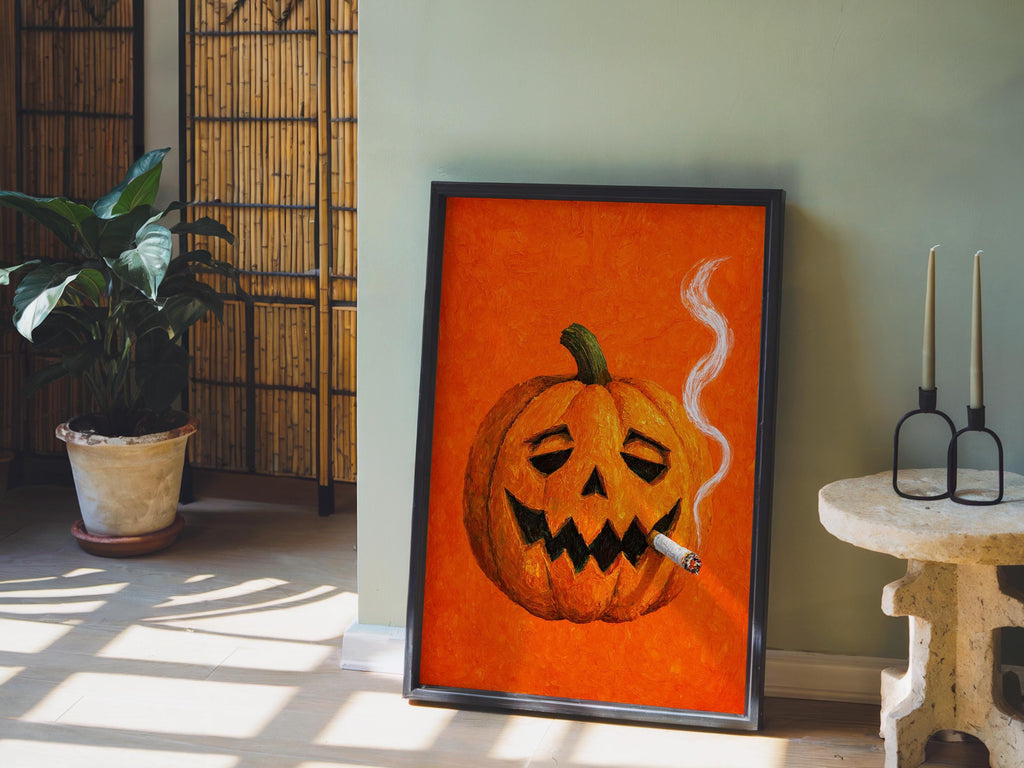 Smoking Jack O Lantern Wall Art, Funny Halloween Pumpkin with Cigarette Print, Whimsical Bar Cart Decor, Quirky Spooky Season Decor