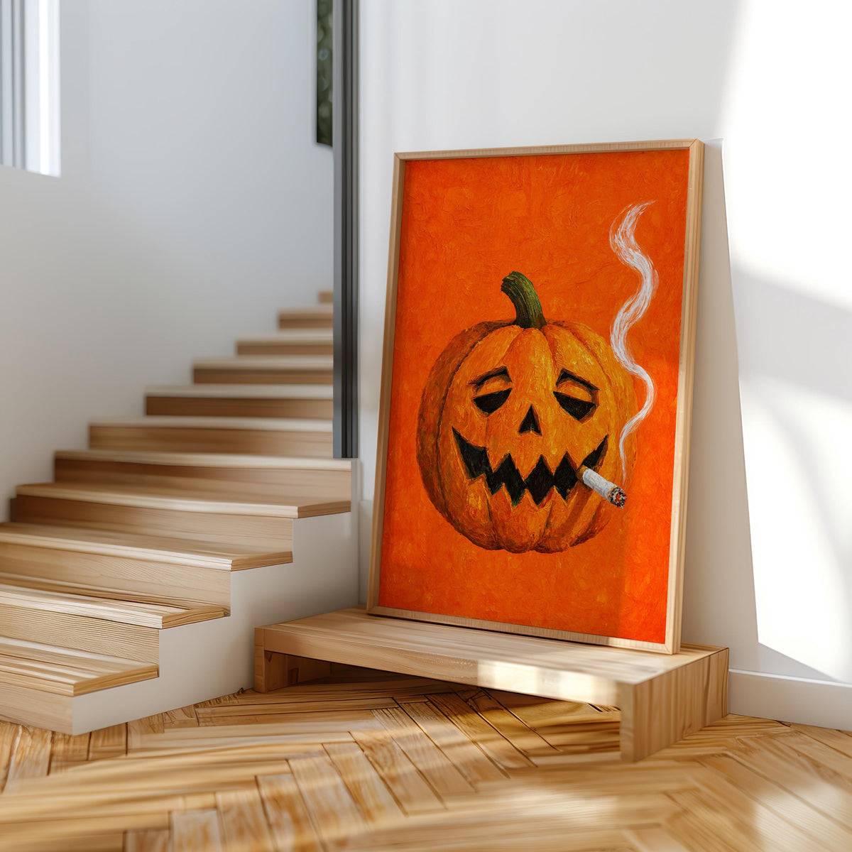 Smoking Jack O Lantern Wall Art, Funny Halloween Pumpkin with Cigarette Print, Whimsical Bar Cart Decor, Quirky Spooky Season Decor
