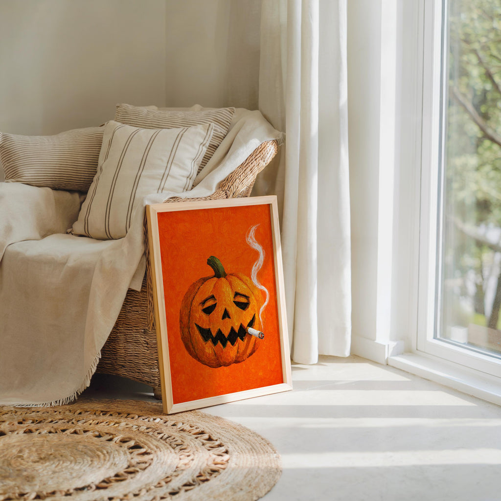 Smoking Jack O Lantern Wall Art, Funny Halloween Pumpkin with Cigarette Print, Whimsical Bar Cart Decor, Quirky Spooky Season Decor