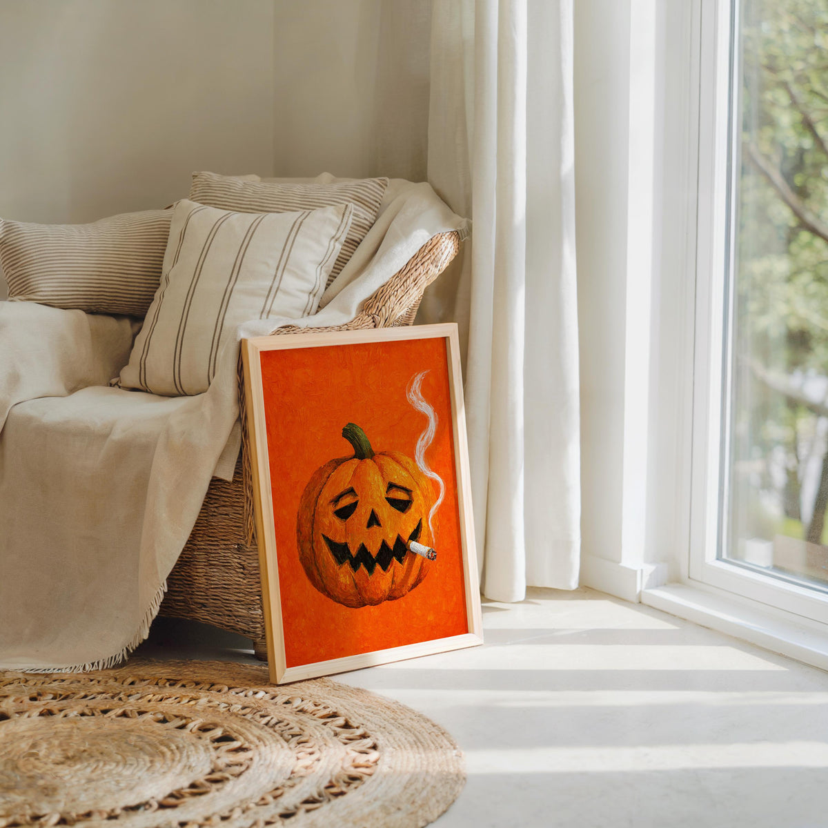 Smoking Jack O Lantern Wall Art, Funny Halloween Pumpkin with Cigarette Print, Whimsical Bar Cart Decor, Quirky Spooky Season Decor
