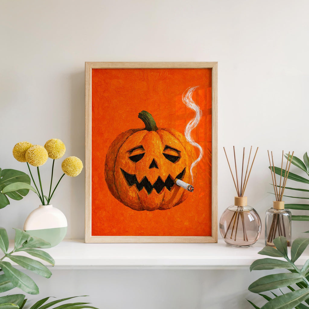 Smoking Jack O Lantern Wall Art, Funny Halloween Pumpkin with Cigarette Print, Whimsical Bar Cart Decor, Quirky Spooky Season Decor