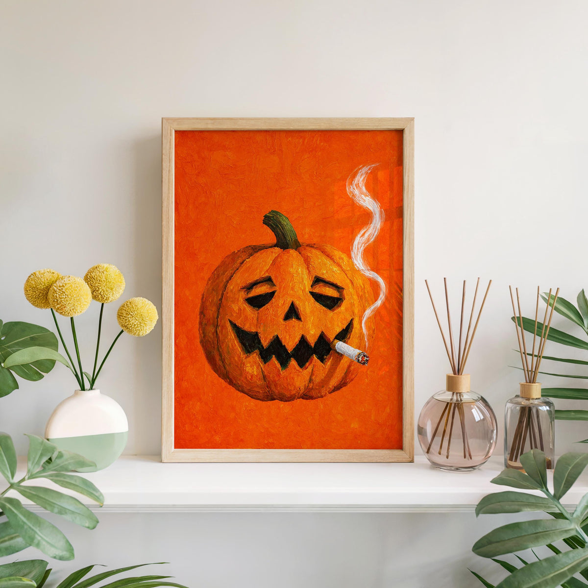 Smoking Jack O Lantern Wall Art, Funny Halloween Pumpkin with Cigarette Print, Whimsical Bar Cart Decor, Quirky Spooky Season Decor