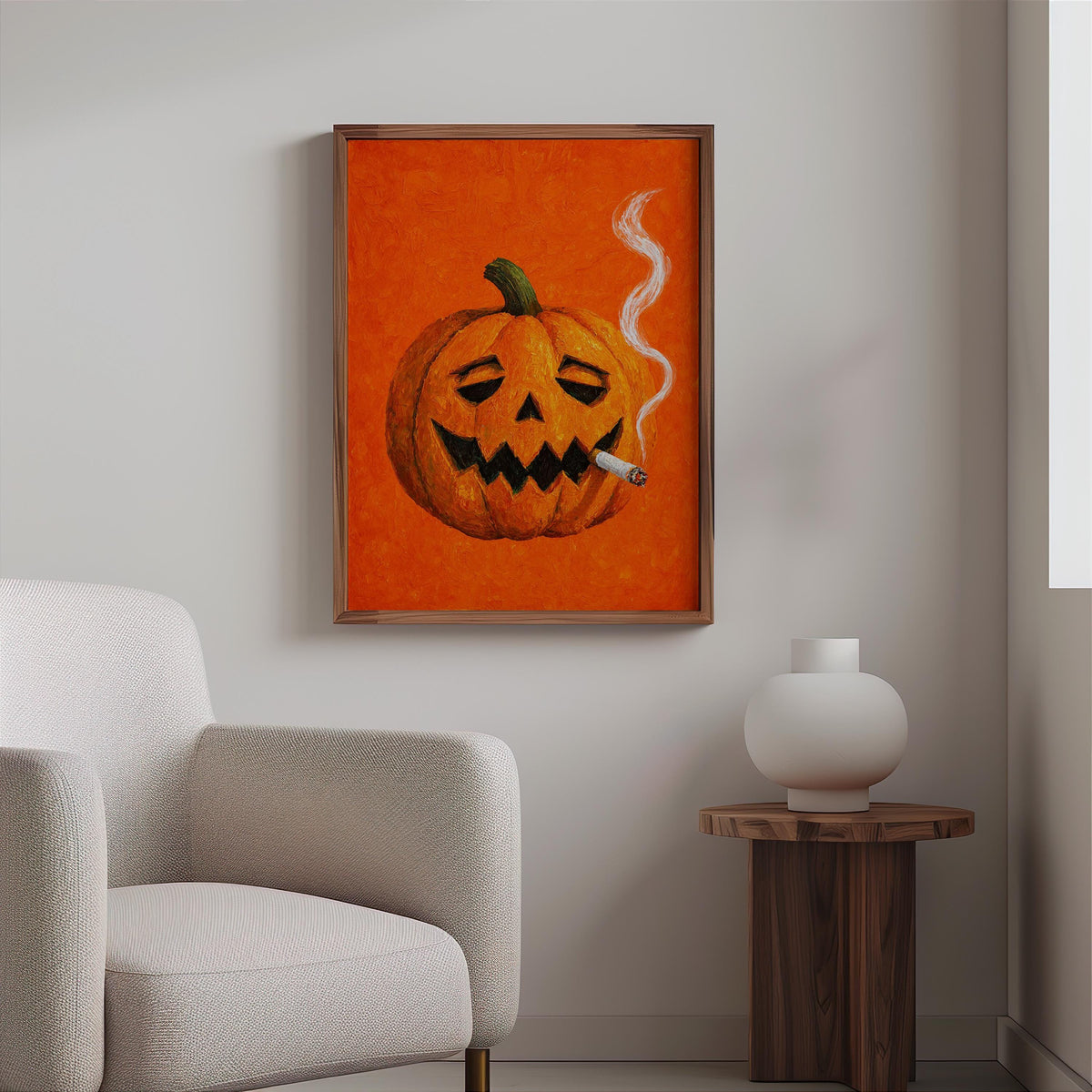 Smoking Jack O Lantern Wall Art, Funny Halloween Pumpkin with Cigarette Print, Whimsical Bar Cart Decor, Quirky Spooky Season Decor