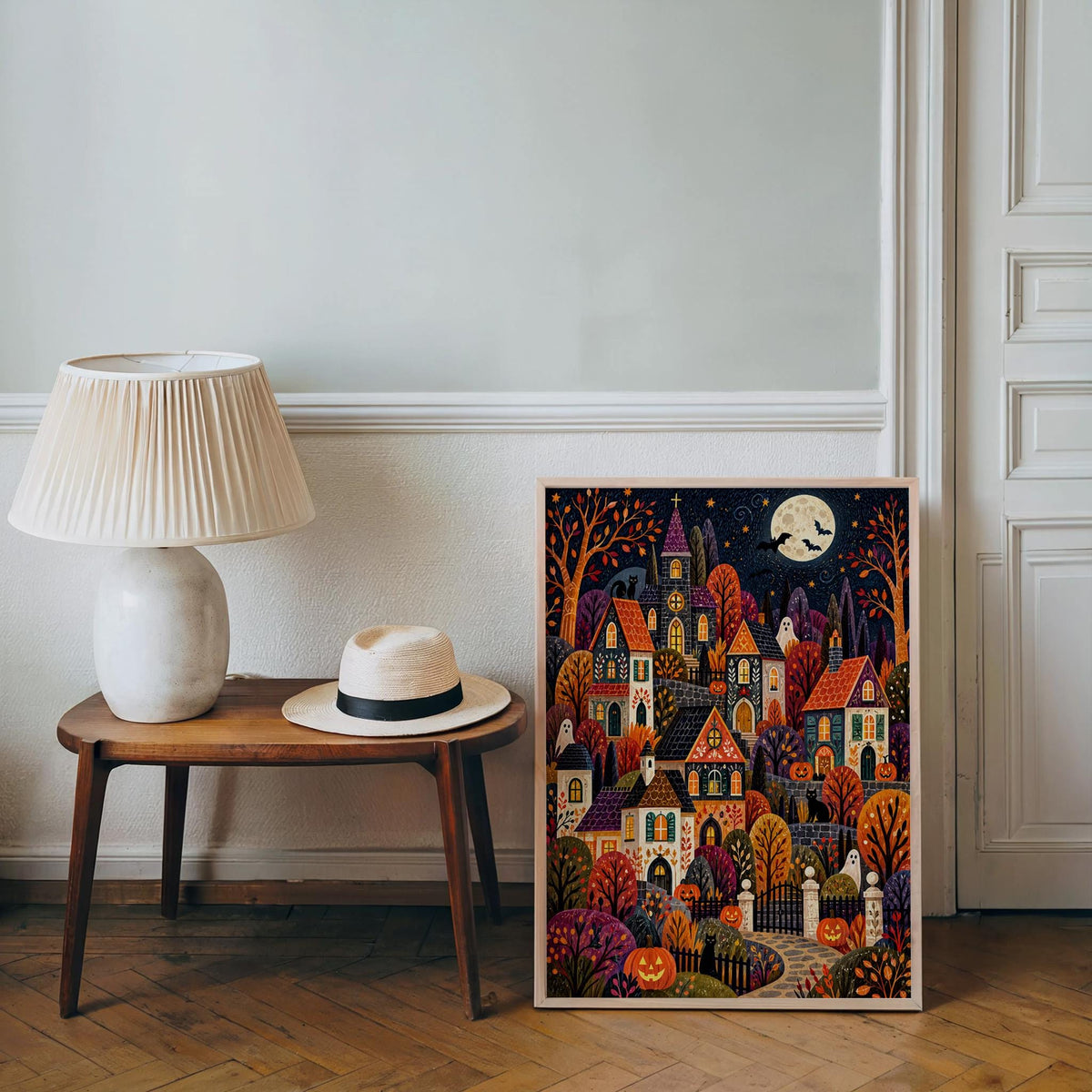 Spooky Village Wall Art, Cute Halloween Folk Art Print, Cozy Autumn Pumpkin Town Decor, Whimsical Fall Painting