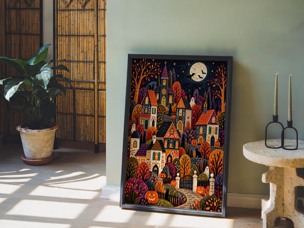 Spooky Village Wall Art, Cute Halloween Folk Art Print, Cozy Autumn Pumpkin Town Decor, Whimsical Fall Painting