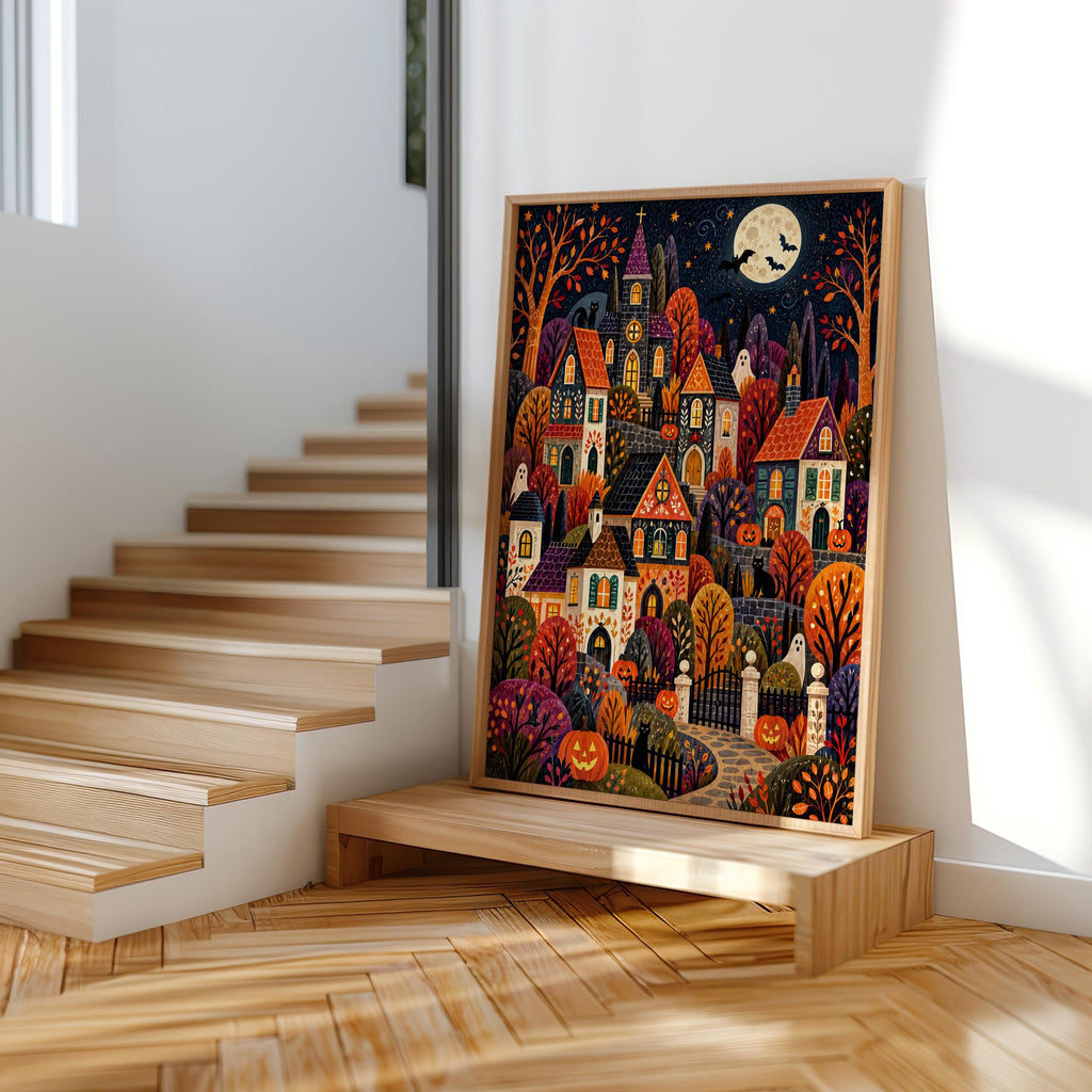Spooky Village Wall Art, Cute Halloween Folk Art Print, Cozy Autumn Pumpkin Town Decor, Whimsical Fall Painting