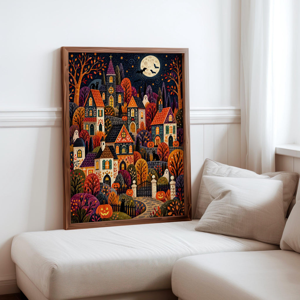 Spooky Village Wall Art, Cute Halloween Folk Art Print, Cozy Autumn Pumpkin Town Decor, Whimsical Fall Painting