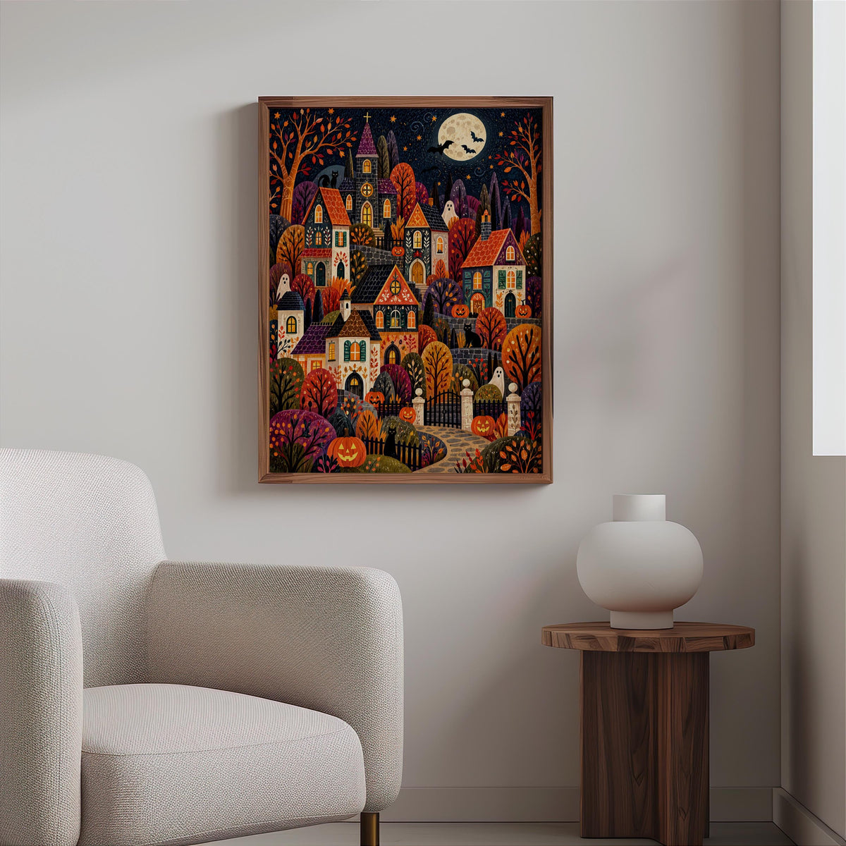 Spooky Village Wall Art, Cute Halloween Folk Art Print, Cozy Autumn Pumpkin Town Decor, Whimsical Fall Painting