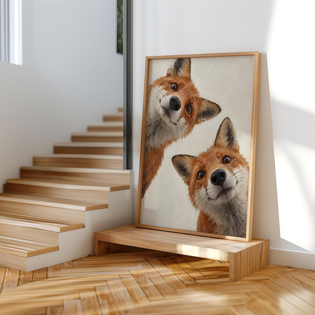 Curious Red Foxes Wall Art, Whimsical Fox Painting, Cute Autumn Print, Rustic Woodland Wildlife Gift, Forest Animal Nursery Decor