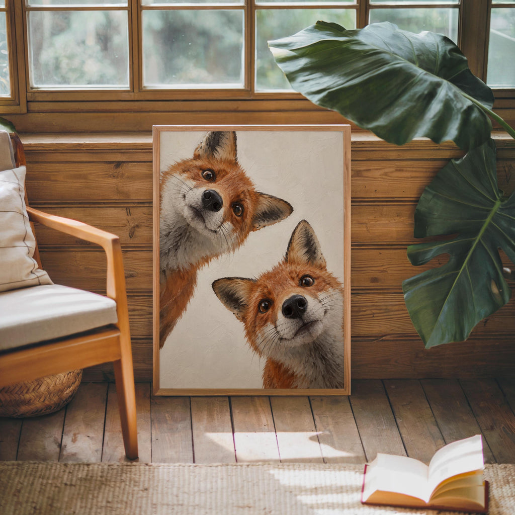 Curious Red Foxes Wall Art, Whimsical Fox Painting, Cute Autumn Print, Rustic Woodland Wildlife Gift, Forest Animal Nursery Decor